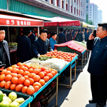 **A North Korean citizen discreetly using a smartphone in a bustling Pyongyang street market, surrounded by vendors and shoppers. The phone displays the Kwangmyong intranet interface. Emphasis on realistic details of North Korean clothing and market stalls.**