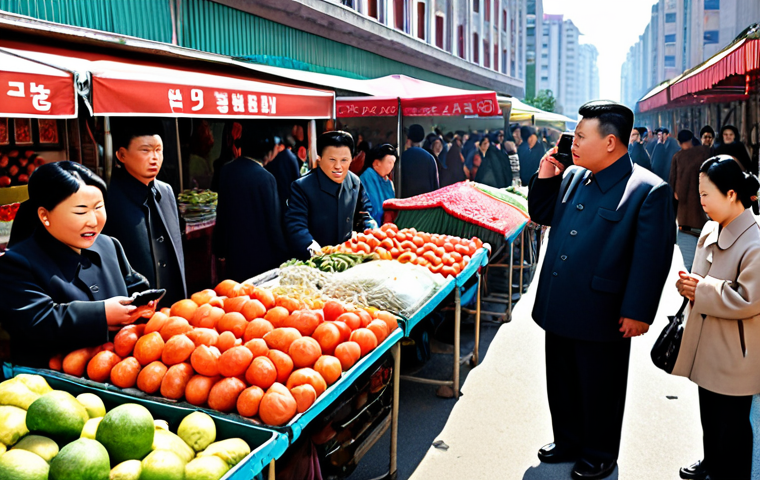 **A North Korean citizen discreetly using a smartphone in a bustling Pyongyang street market, surrounded by vendors and shoppers. The phone displays the Kwangmyong intranet interface. Emphasis on realistic details of North Korean clothing and market stalls.**