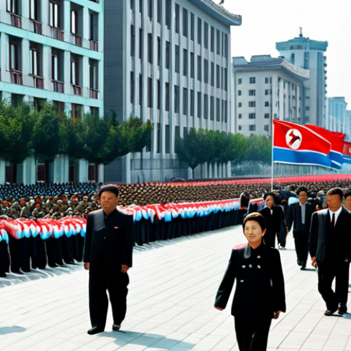 Home 10 **
A bustling street scene in Pyongyang, North Korea during a national holiday. The scene features modestly dressed people in everyday clothes, perhaps some wearing traditional elements, lining the sidewalks. Buildings in the background are decorated with flags and banners. The atmosphere is festive and family-friendly. Safe for work, appropriate content, fully clothed, professional quality, natural proportions.
**
